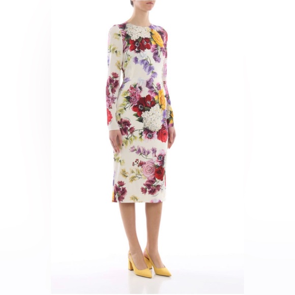 DOLCE & GABBANA Floral print stretch silk sheath dress cream/ purple EUC sz 42 - Picture 2 of 10